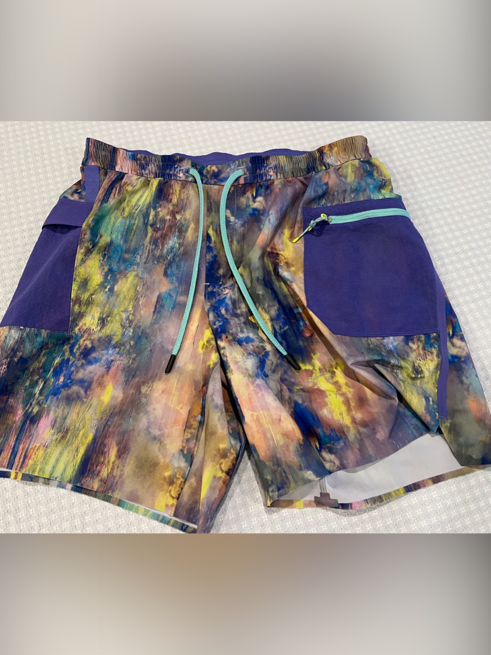 lululemon Multicolor Abstract Print Shorts with Purple Pocket and Mint Zip